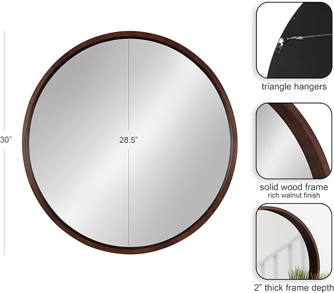 Kate and Laurel Hutton Round Decorative Wood Frame Wall Mirror, 30 Inch Diameter, Walnut