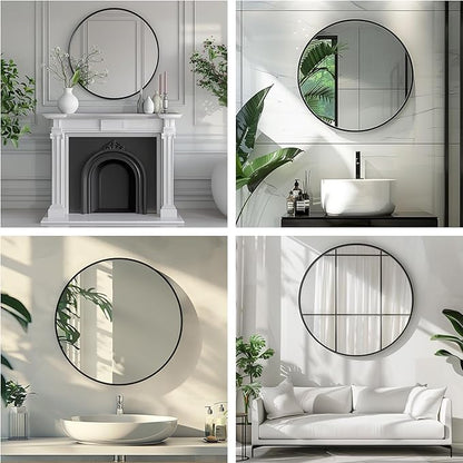 Black Round Mirror, 28 Inch Black Circle Mirror, Metal Frame Round Wall Mounted Mirrors for Bathroom, Living Room, Bedroom, Entryway, Vanity