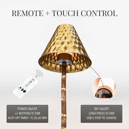 Bamboo Cordless LED Table Lamp – Rechargeable 24-Hour Battery, Dimmable Warm Light, 15" Portable Wireless Lamp with Remote for Indoor/Outdoor Use, Home, Patio, Restaurant – Textured Gold