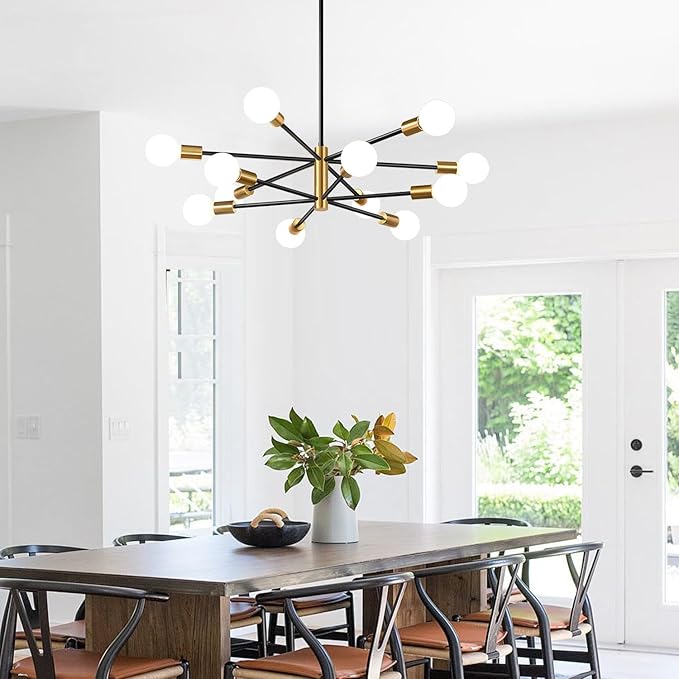 10.9"-52.3" Height Adjustable Modern Chandelier Ceiling Light Fixture, 12-Light Sputnik Chandeliers Brushed Gold and Black Mid Century Chandelier Over Table, Chandeliers for Dining Room Living Room