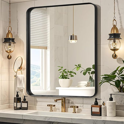 Fabuday Bathroom Mirror Over Sink - 36x30 Inch Mirrors for Bathroom Black Metal Framed Mirror, Rectangle Brushed Black Vanity Mirror for Restroom, Farmhouse, Entryway, Home Office