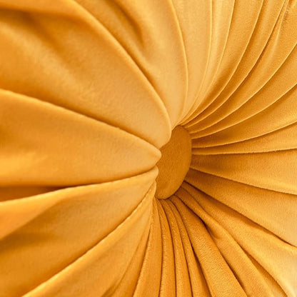 Lush Decor Round Pleated Soft Velvet Decorative Throw Pillow, 1 Count, 15" Diameter, Yellow - Plush Round Pillow, Seat Cushion, Decorative Pillows For Bed, Couch, Or Chair