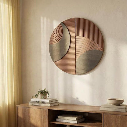 BrightRow 2 Pcs Boho Round Wall Decor Wood Mid-century Wall Art Geometric Half-circle Line Art Design Hand-carved for Farmhouse and Country Style Interior Decoration, 11.8 Inches