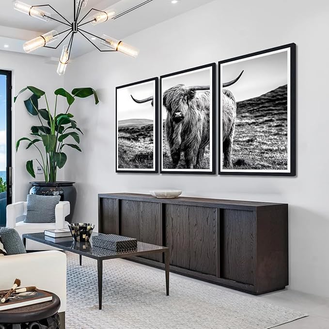 Vintage Scottish Cow Canvas Wall Art Rustic Art Highland Cow Poster Wall Decor Black and White Farm Animal Cow Artwork for Apartment Living Room Bedroom Country Decoration 24x36inchx3pcs