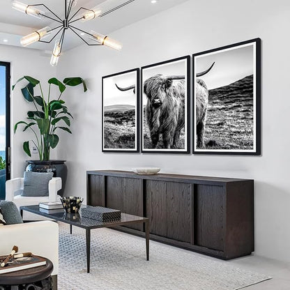 Vintage Scottish Cow Canvas Wall Art Rustic Art Highland Cow Poster Wall Decor Black and White Farm Animal Cow Artwork for Apartment Living Room Bedroom Country Decoration 24x36inchx3pcs