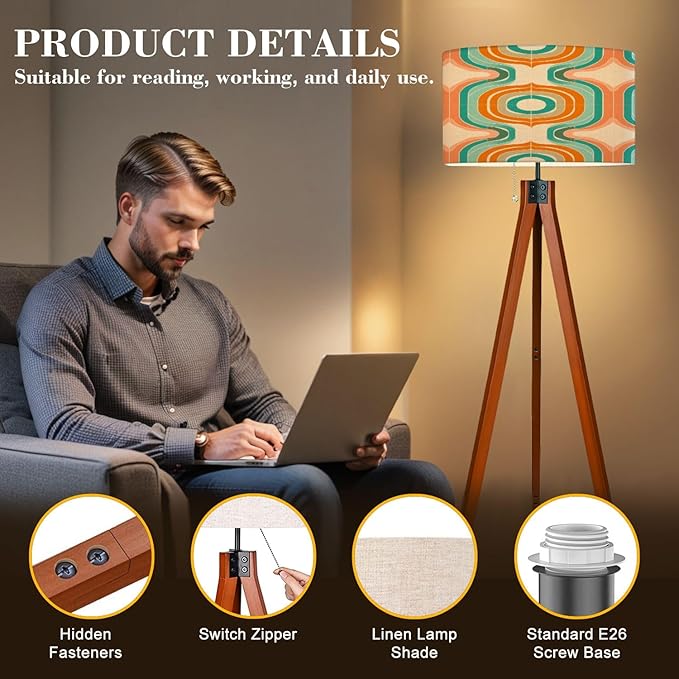 Wood Tripod Floor Lamp 50s Mid Century Modern Seamless Mid Century Standing Lamp Linen Shade Dimmable Modern Tall lamp Home Decor for Living Room Bedroom Office