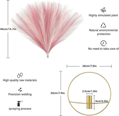 Pretty Jolly Boho Wall Decor - Hanging Artificial Pampas Display, Metal Wall Art for Living Room, Bedroom, Bathroom, Dining Room - Plant Decor 2 Pack, Ice Pink, Dark Pink, Gold
