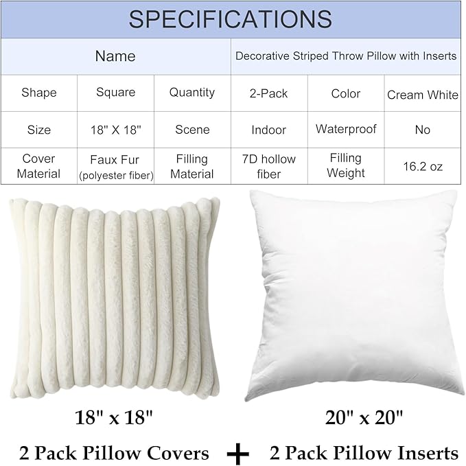 Decorative Throw Pillow with Inserts, Set of 2 Soft Faux Fur Throw Pillows, Square Boho Striped Pillow for Couch, Bed, Sofa Decor(Beige, 18" x 18")