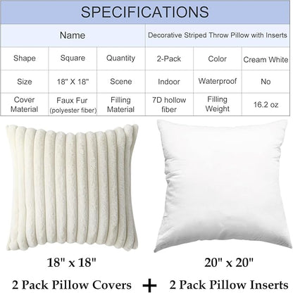 Decorative Throw Pillow with Inserts, Set of 2 Soft Faux Fur Throw Pillows, Square Boho Striped Pillow for Couch, Bed, Sofa Decor(Beige, 18" x 18")