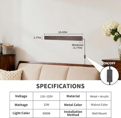 Farmhouse Plug in Wall Sconces, 23.6 inch Faux Walnut Finish LED Long Wall Lights, 12W Warm White 3000K Acrylic Indoor Wall lamp,with 59" Plug Cable for Bedroom, Living Room, Bathroom Makeup, Hallway