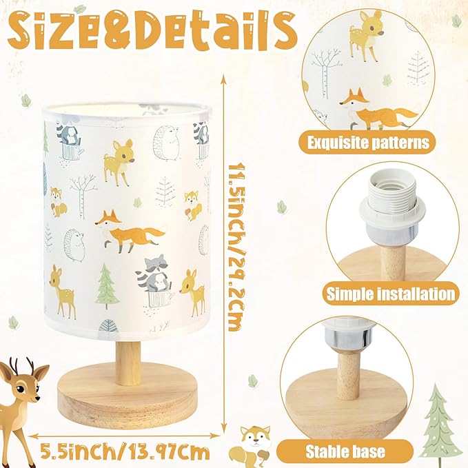 Animal Table Lamp for Bedroom Kids Bedside Lamp with Linen Wooden Nightstand Cartoon Nursery Lampshade for Boys Girls Room Decor