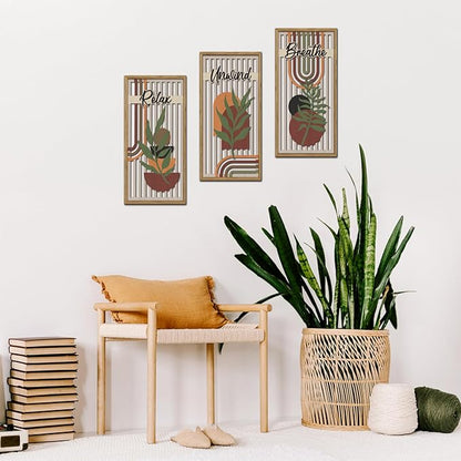 KAIRNE Boho Wooden Wall Art,Bohemian Wood Wall Decor Set of 3(16”X8”),Farmhouse Geometric Wooden Wall Decor,Abstract Minimalist Artwork for Living Room Bedroom Kitchen Office Decoration,Framed