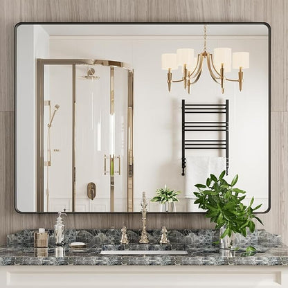 JISOSO Black Bathroom Mirror 48X32 Inch, Black Metal Framed Mirror for Wall, Rounded Rectangle Matte Bathroom Vanity Mirror with Tempered Glass, Anti-Rust, Horizontal/Vertical