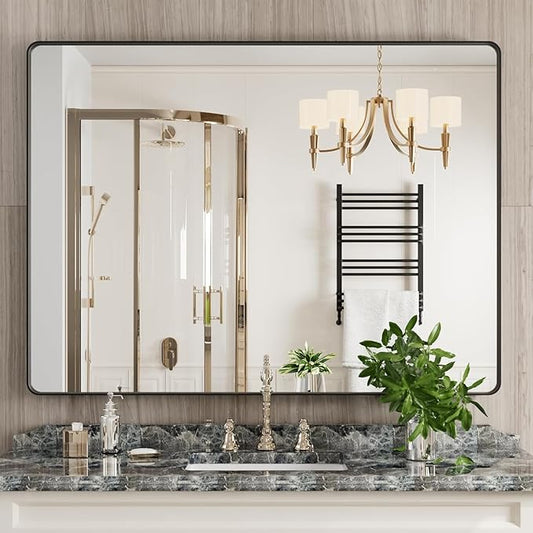 JISOSO Black Bathroom Mirror 48X32 Inch, Black Metal Framed Mirror for Wall, Rounded Rectangle Matte Bathroom Vanity Mirror with Tempered Glass, Anti-Rust, Horizontal/Vertical