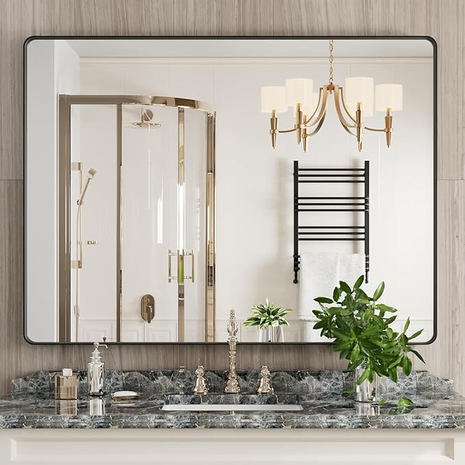 JISOSO Black Bathroom Mirror 48X36 Inch, Black Metal Framed Mirror for Wall, Rounded Rectangle Matte Bathroom Vanity Mirror with Tempered Glass, Anti-Rust, Horizontal/Vertical