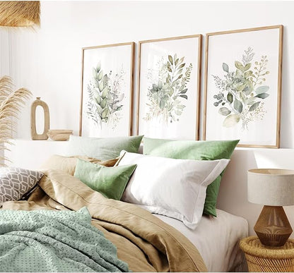 Joocrise Watercolor Botanical Wall Art Set of 3 Boho Floral Canvas Wall Decor Prints Sage Green Wildflower Wall Art Modern Flower Pictures Botanical Painting for Bedroom Bathroom 24x36 Inch Unframed