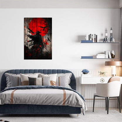 Japanese Samurai Retro Black and Red Atmosphere Asian Samurai Armor Red Moon Poster Canvas Wall Art Prints Bushido Poster Modern Home Decor Framed for Bedroom Living Room Office (24''W x 36''H)