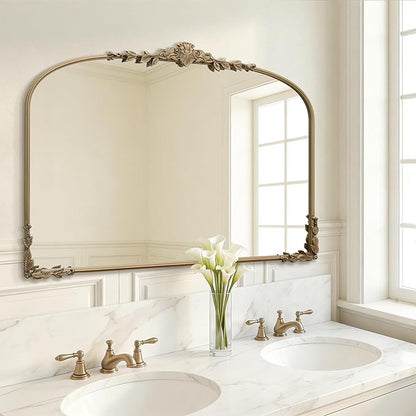 Besdomus Large Gold Wall Mirror: 48"x33" Baroque Vintage Fireplace Arched Mirror - Traditional Ornate Antique for Bedroom/Entryway/Bathroom/Vanity/Living Room - Ideal for Fashion-Conscious