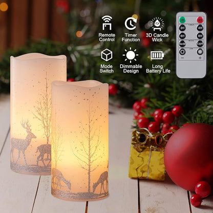 2Pack Christmas LED Flameless Candles Flickering, Battery Operated Wax Candles with Timer Remote, Realistic Pillar Candles with Forest Deer Decal for Home Decorations Christmas Gifts [Silver, 3"X6"]