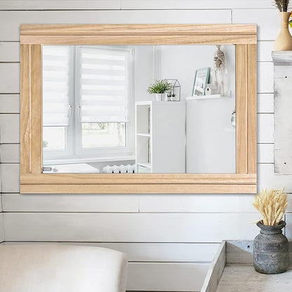 AAZZKANG Rustic Mirrors for Wall with Rectangular Wood Frame Decorative for Farmhouse Bedroom Bathroom Living Room Home Office Large 26"x18"