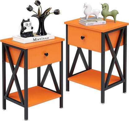 VECELO Nightstands, Modern Bedside End Tables Set of 2, Night Stand with Drawer and Storage Shelf for Living Room Bedroom, Industrial Metal Frame