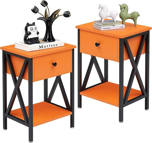 VECELO Nightstands, Modern Bedside End Tables Set of 2, Night Stand with Drawer and Storage Shelf for Living Room Bedroom, Industrial Metal Frame