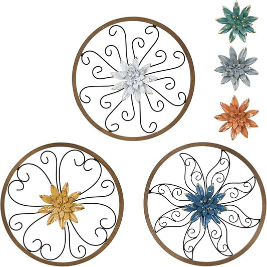 hogardeck Metal Flower Wall Decor - 3 pcs 11" Metal Wood Floral Wall Decoration with 6 Piece Interchangeable Flowers, Hanging Rustic Wall Art for Bedroom, Living Room, Bathroom, Kitchen
