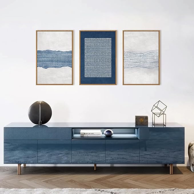 Large Abstract Navy Blue and White Framed Canvas Wall Art Set,Modern Neutral Geometric Waves Lines Dots Wall Decor,Mid Century Minimalist Boho Artwork for Living Room,Bedroom,Office- 16"x24"x3