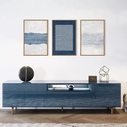 Large Abstract Navy Blue and White Framed Canvas Wall Art Set,Modern Neutral Geometric Waves Lines Dots Wall Decor,Mid Century Minimalist Boho Artwork for Living Room,Bedroom,Office- 24"x36"x3