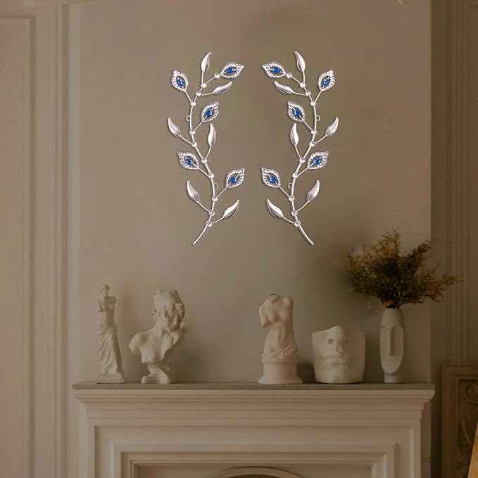 sxnzequnze 2 Sets Leaf Wall Art for Home Metal Bling Rhinestones Ready to Hang Tree Branch Leaves Olive Vine Wrought Iron Hanging Sculpture Pieces Wall Decor Pcs - 16.5in
