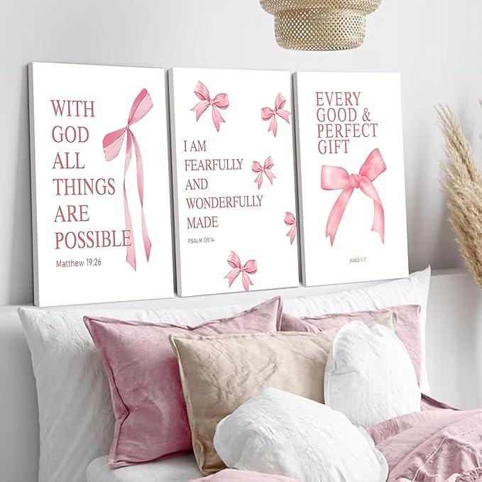 Coquette Pink Bow Canvas Wall Art Set of 3 Inspirational Bible Verses Decor Posters Pictures Prints Aesthetic for Girls Room College Apartment Living Room Bedroom Framed 16x24 Inch