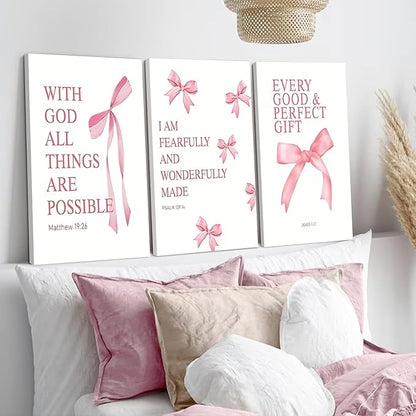 Coquette Pink Bow Canvas Wall Art Set of 3 Inspirational Bible Verses Decor Posters Pictures Prints Aesthetic for Girls Room College Apartment Living Room Bedroom Framed 16x24 Inch