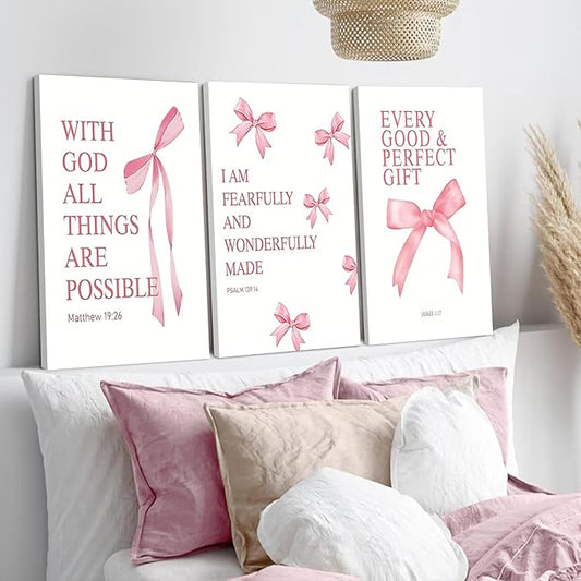 Coquette Pink Bow Canvas Wall Art Set of 3 Inspirational Bible Verses Decor Posters Pictures Prints Aesthetic for Girls Room College Apartment Living Room Bedroom Framed 16x24 Inch