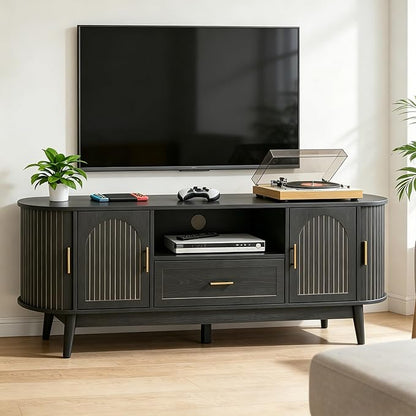 63" Fluted TV Stand for Tvs up to 70", Mid-Century Modern Entertainment Center with Drawers and Fluted Doors, Curved TV Media Console Table with Sliding Doors for Living Room, Bedroom (63" Black)