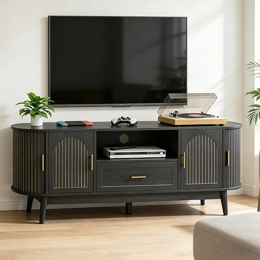 63" Fluted TV Stand for Tvs up to 70", Mid-Century Modern Entertainment Center with Drawers and Fluted Doors, Curved TV Media Console Table with Sliding Doors for Living Room, Bedroom (63" Black)