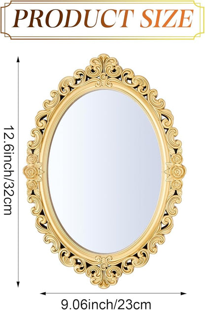 Beeveer 1 Style Vintage Mirrors Set Decorative Oval Wall Mirror Small Antique Mirrored Tray Decorative Hanging Mirror for Bathroom Bedroom Jewelry Organizer Victorian Decor (Oval,Gold)