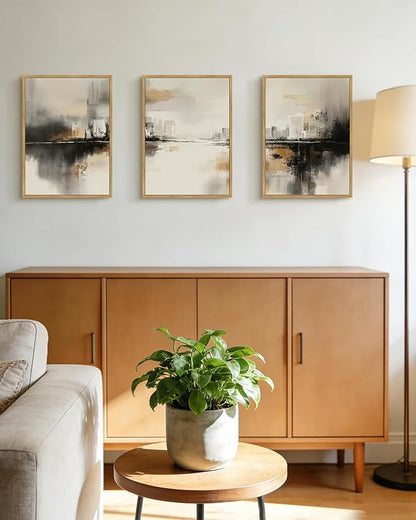 Drsoum Vintage Black Gray Abstract Wall Art Framed Brown Tan Neutral Prints Minimalist Modern Rustic Artwork Bedroom Living Room Ready to Hang 11x14in Natural Framed