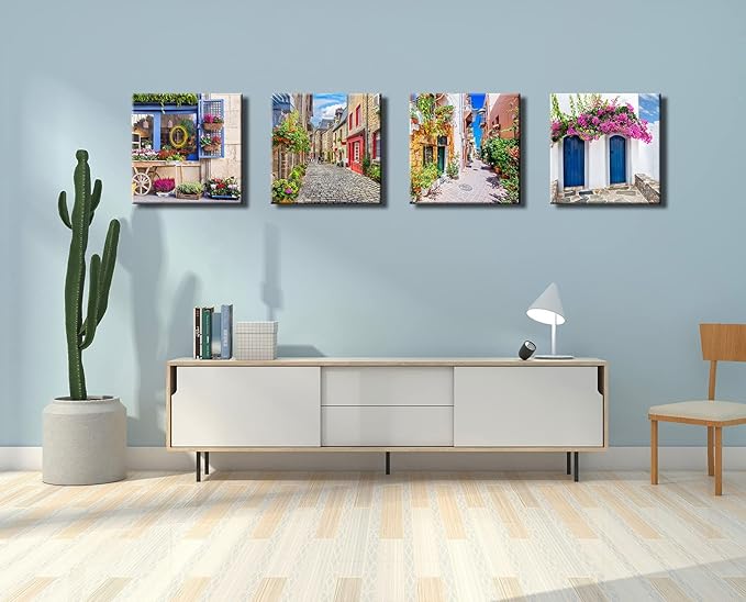 Italy Tuscan Wall Art, Colorful Nature Scenic Framed Pictures Canvas Prints, Modern Town Street Artwork Paintings for Living Room, Bedroom, Office Wall Decor 16"x16"