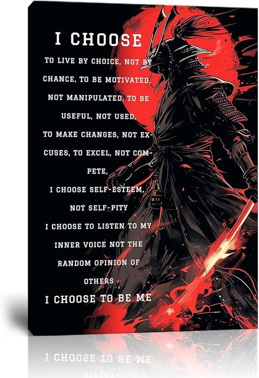 Armored Samurai Wall Art I Choose to Live by Choice Canvas Prints Vintage Japanese Artwork Black Motivational Poster Inspirational Quotes Painting for Men Bedroom Living Room Office (28''W x 44''H)