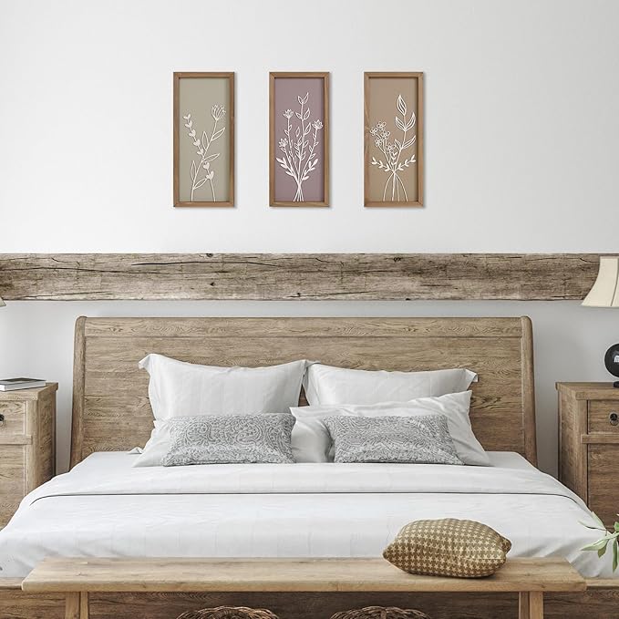 pechpell Set of 3 Wooden 3D Flower Wall Art Wood Framed, 15.7×7.1 Inch Floral Boho Wall Decor, Rustic Farmhouse Home Artwork for Bedroom Bathroom Living Room Kitchen Decorations