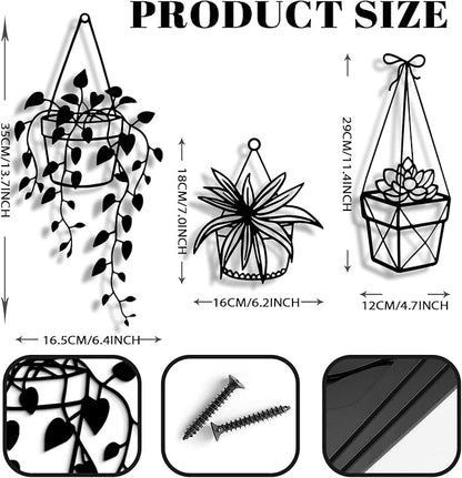 Vineland Metal Wall Art for Bathroom, Set of 3 Botanical Plant Designs, Minimalist Modern Boho Hanging for Home Outdoor Decor (Black)