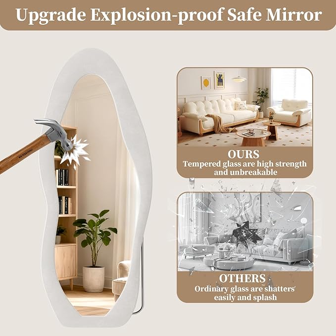 Full Length Mirror, 71"x30" Full Body Mirrors, Flannel Floor Mirrors with Stand, Irregular Wavy Mirror Hanging or Leaning Against Wall for Bedroom Living Room, Beige