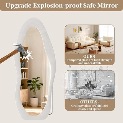 Full Length Mirror, 71"x30" Full Body Mirrors, Flannel Floor Mirrors with Stand, Irregular Wavy Mirror Hanging or Leaning Against Wall for Bedroom Living Room, Beige