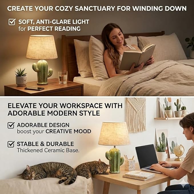 Cactus Lamp, Cute Modern Desk Lamp with Fabric Lampshade & Ceramic Base, Adorable Night Light for Bedroom Nightstand