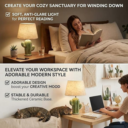 Cactus Lamp, Cute Modern Desk Lamp with Fabric Lampshade & Ceramic Base, Adorable Night Light for Bedroom Nightstand