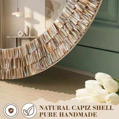 Sintuff Large 24 Inch Round Capiz Shell Mirror, Coastal Seashell Wall Mirror for Beach House Handcrafted Capiz Seashell Sunray Wall Decor for Living Room, Bedroom Vanity
