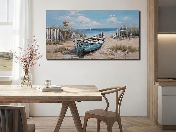 Ardemy Boat Canvas Wall Art Nautical Art Wall Decor for Living Room, Blue Teal Bedroom Picture Textured Beach Painting Framed Artwork Dining Room Home Office Kitchen, Extra Large 58"x29"