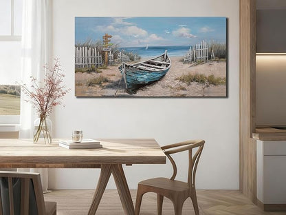 Ardemy Boat Canvas Wall Art Nautical Art Wall Decor for Living Room, Blue Teal Bedroom Picture Textured Beach Painting Framed Artwork Dining Room Home Office Kitchen, Extra Large 58"x29"