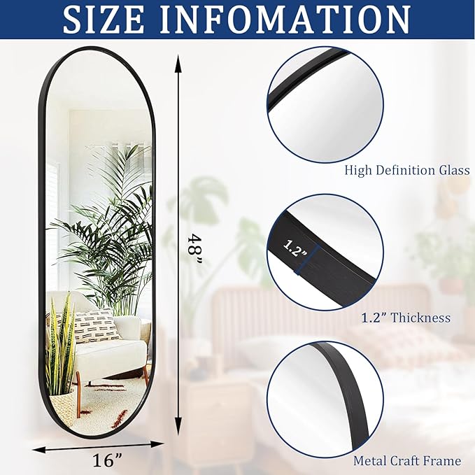 Black Oval Bathroom Full Length Mirror, 48x16'' Pill Shaped Oblong Vanity Wall Mirror, Metal Framed Capsule Aluminum Frame Decor Mirror for Living Room Vanity Bedroom Entryway