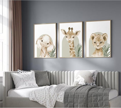 Tocliky Nursery Animal Wall Art Decor Safari Jungle Nursery Pictures Baby Boy Room Canvas Wall Decor Woodland Animals Prints Safari Giraffe Artwork for Boys Kids Bedroom 12x16 Inch Unframed Set of 3